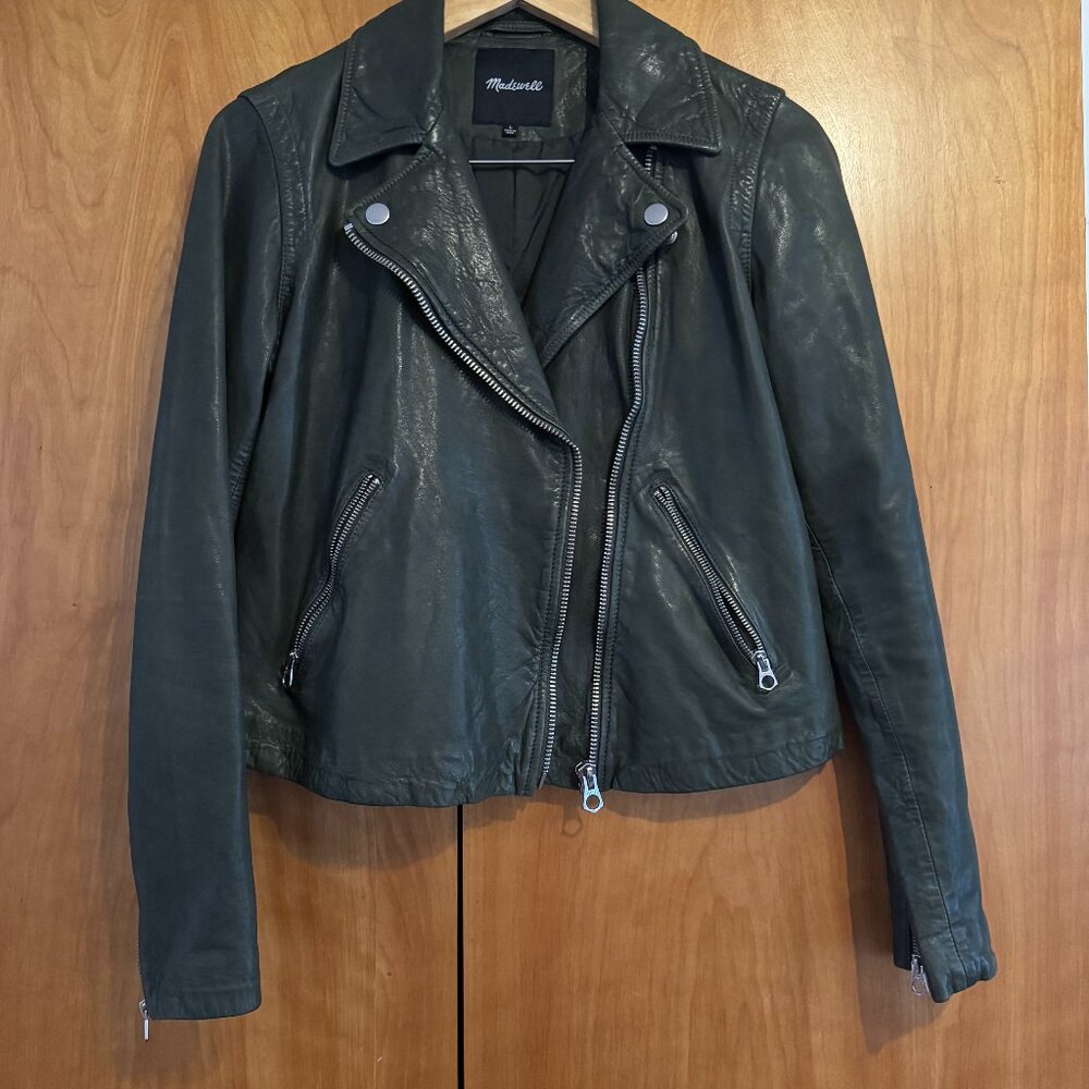 Madewell Washed Leather Motorcycle Jacket Dark Forest L